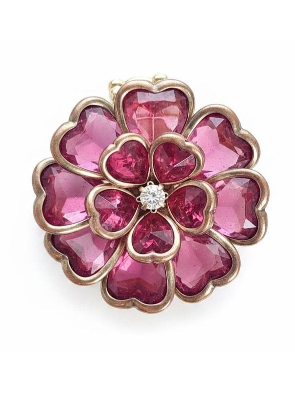 Vintage Style Fuchsia Heart Crystal Flower Ring, Gold Statement Floral Jewelry